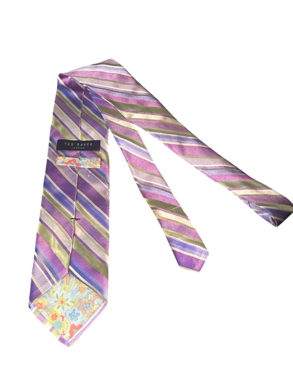 Ted Baker Purple and Green Striped Silk Tie with Floral Tip